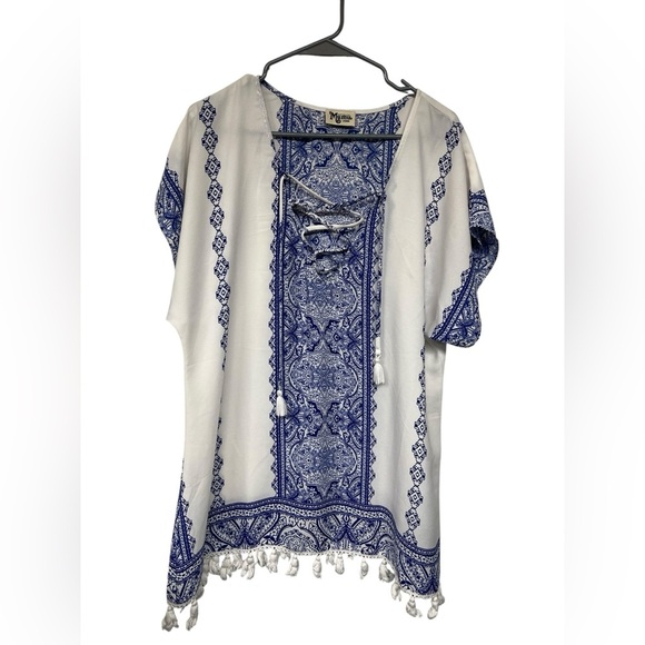 Show Me Your Mumu Blue & White Boho Lace-Up Tassel Tunic Top Size Large - Picture 2 of 7